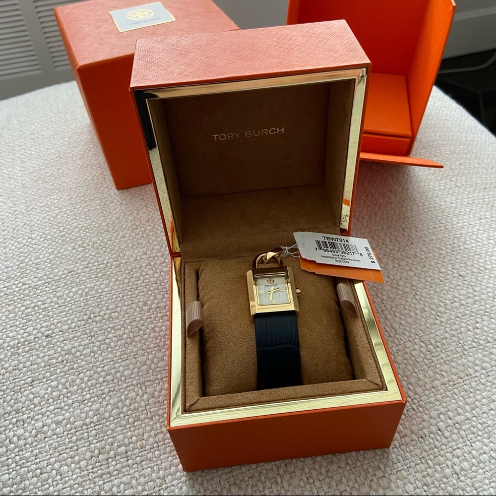 Tory Burch gold and navy leather watch